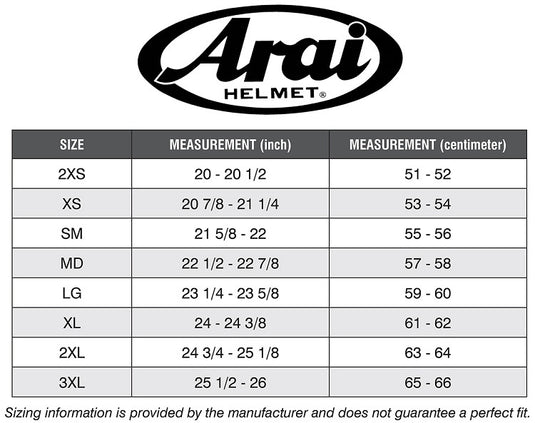 Arai Helmet Sizing Chart